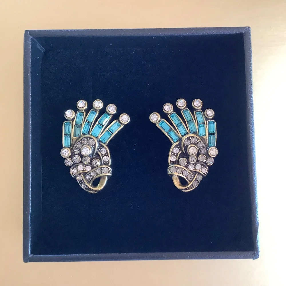 HEIDI DAUS Crystal Hue Persuasion Button Art Deco Earrings Turquoise Omega Backs